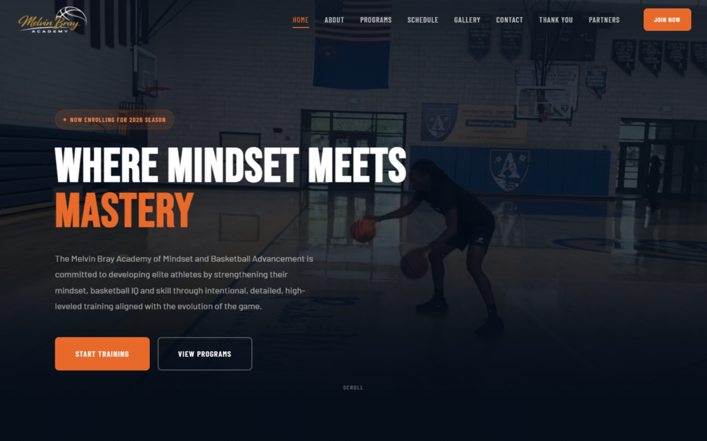 Melvin Bray Basketball Academy website hero section